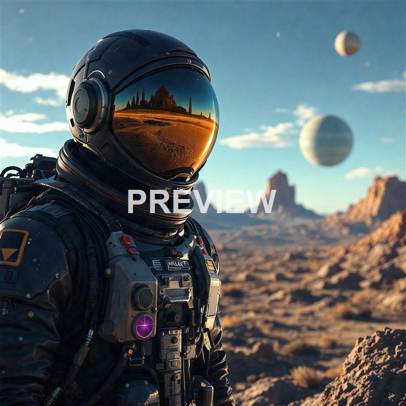 A futuristic astronaut standing on a rocky desert landscape with a reflective helmet visor showing a mountainous terrain, while two planets or moons are visible in the sky.